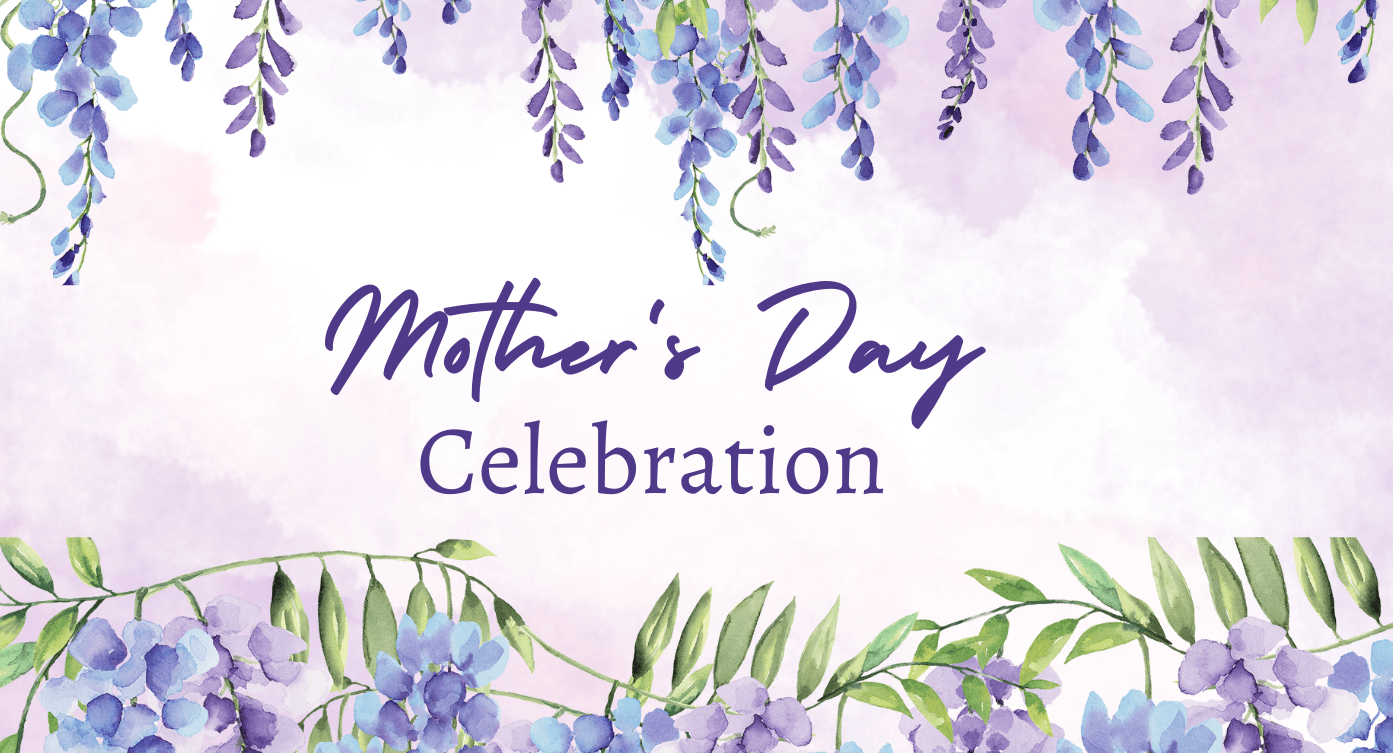 This image is a close-up of a hand-written card with purple flowers and green leaves. The letters read "Mother's Day Celebration". The dominant colors in this picture are white and purple, with accents of green and blue.