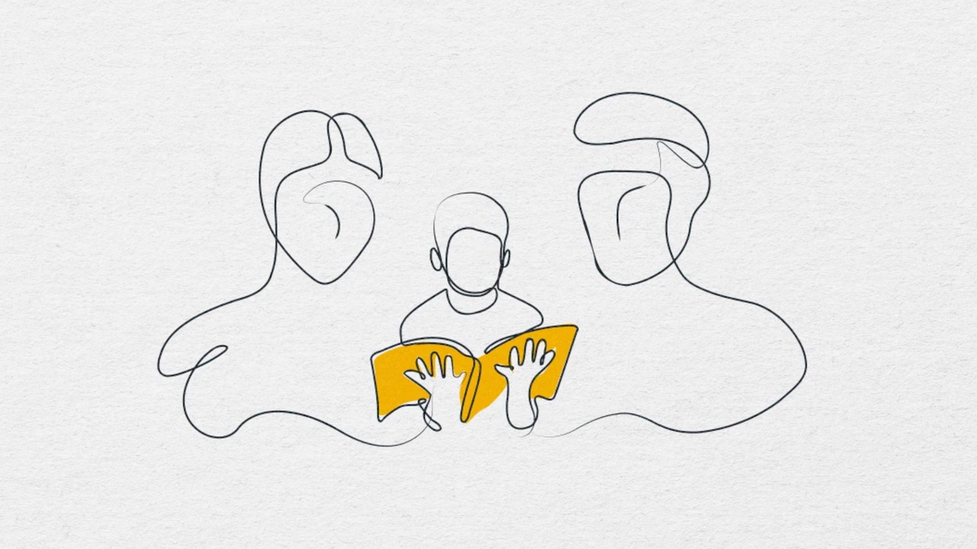 Minimalist line drawing of a child holding an open yellow book, flanked by two adults on either side, symbolizing support and shared learning. Part of the SAAAC Autism Centre's 'Autism 101' guide promoting understanding, acceptance, and early support for autistic individuals and their families.