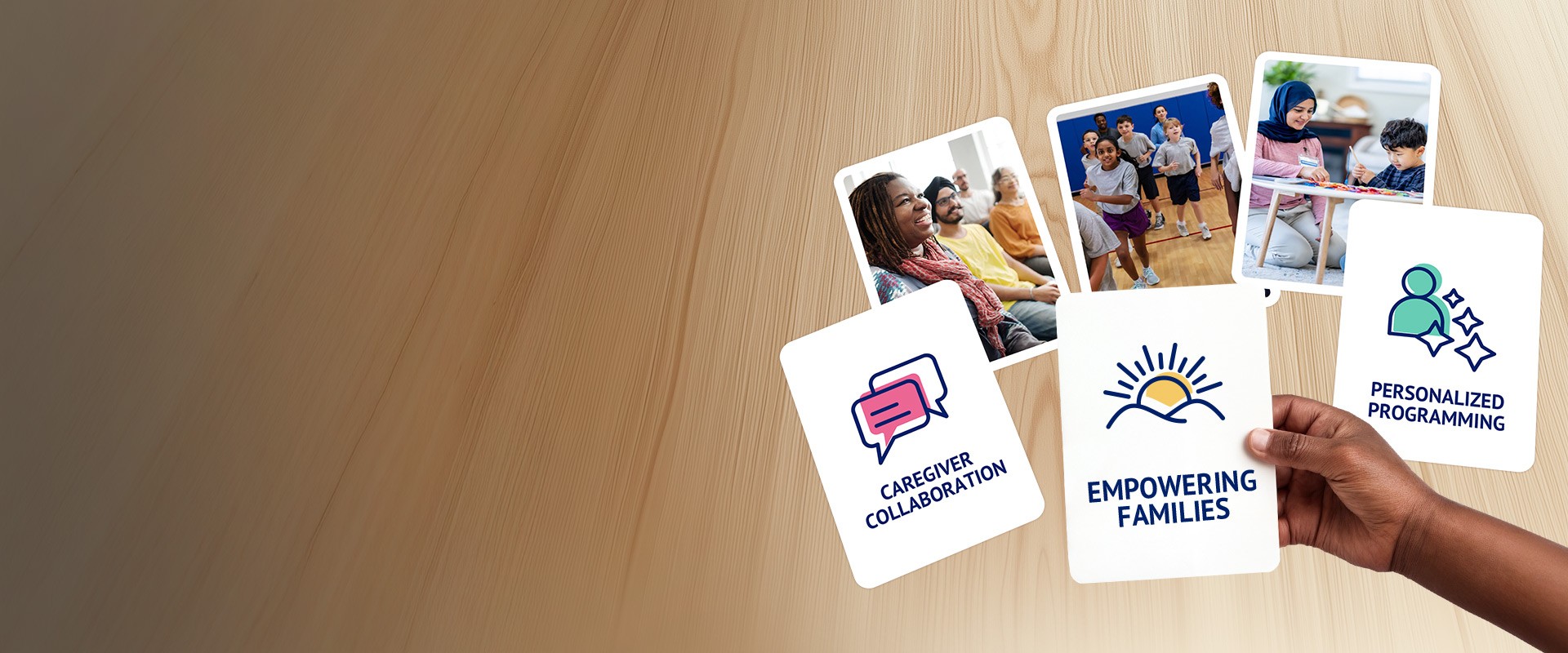 A hand holds cards representing SAAAC Autism Centre’s new ABA programs. Illustrated cards read ‘Caregiver Collaboration,’ ‘Empowering Families,’ and ‘Personalized Programming.’ Behind them are photos of a smiling group of adults, children participating in a physical activity, and a caregiver working one-on-one with a child.