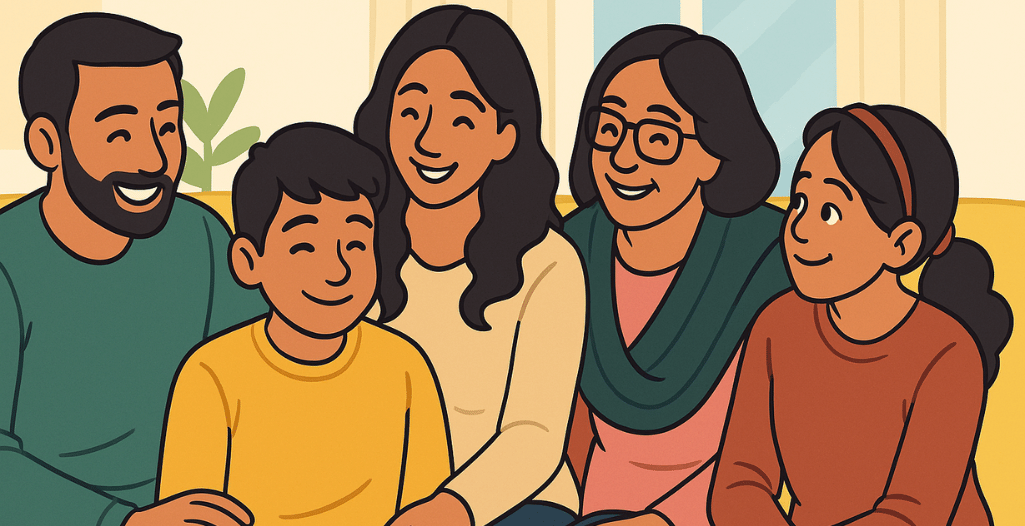 A cheerful, cartoon-style illustration of a multigenerational family sitting together on a couch. The group includes three adults and three children. Everyone is smiling and appears to be enjoying each other's company in a warm, cozy indoor setting with a window and houseplant in the background