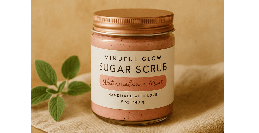 A jar of Mindful Glow Sugar Scrub in the Watermelon + Mint scent, displayed on a soft beige cloth with a fresh green herb beside it. The product is part of the handcrafted, ethically made Mindful Glow skincare line.