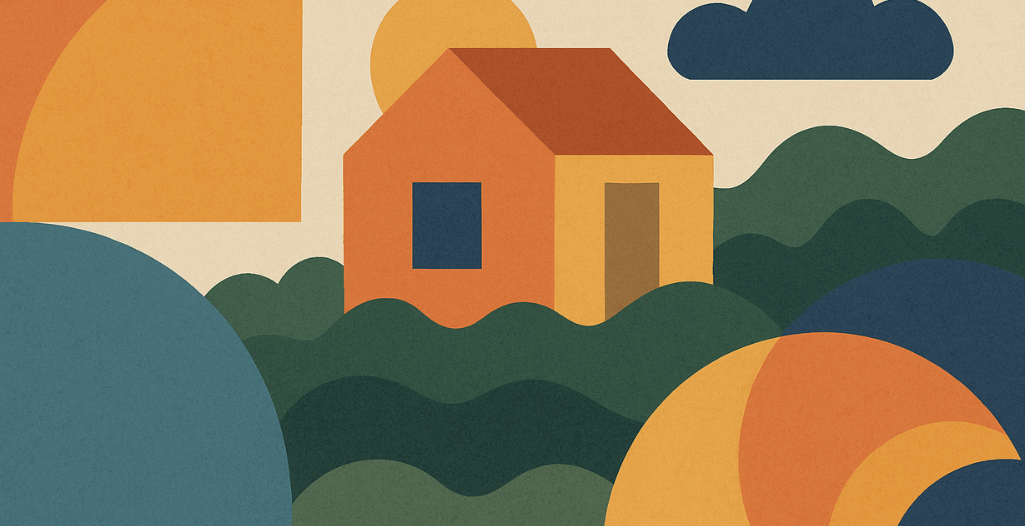 Abstract illustration symbolizing inclusive housing planning, featuring a house surrounded by geometric shapes and natural forms—reflecting the journey toward personalized, supportive housing solutions for individuals with developmental disabilities.